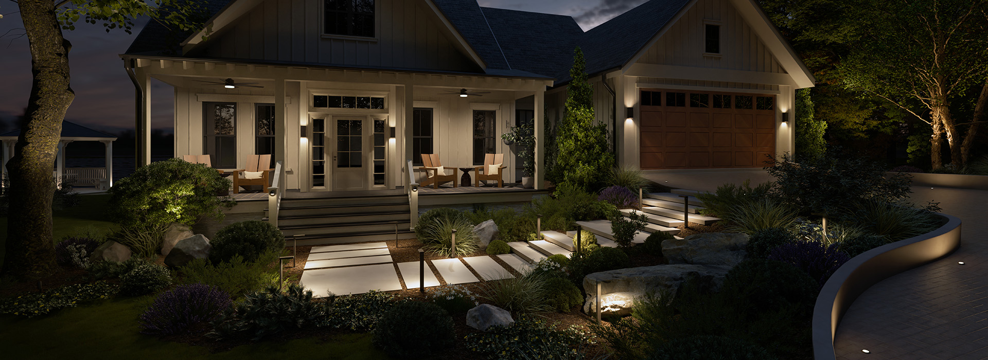 Kichler landscape lighting: WholeHomeAsset Dusk AllLightsOn Wide 1920x700