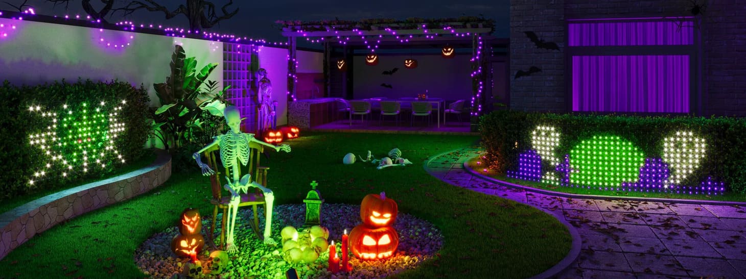 A hedge becomes a glowing character with a net of light.