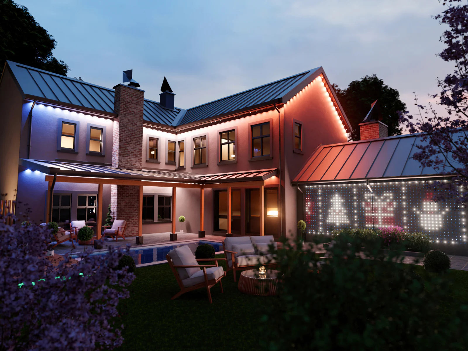Permanent roofline lighting and a separate net can serve different seasons.
